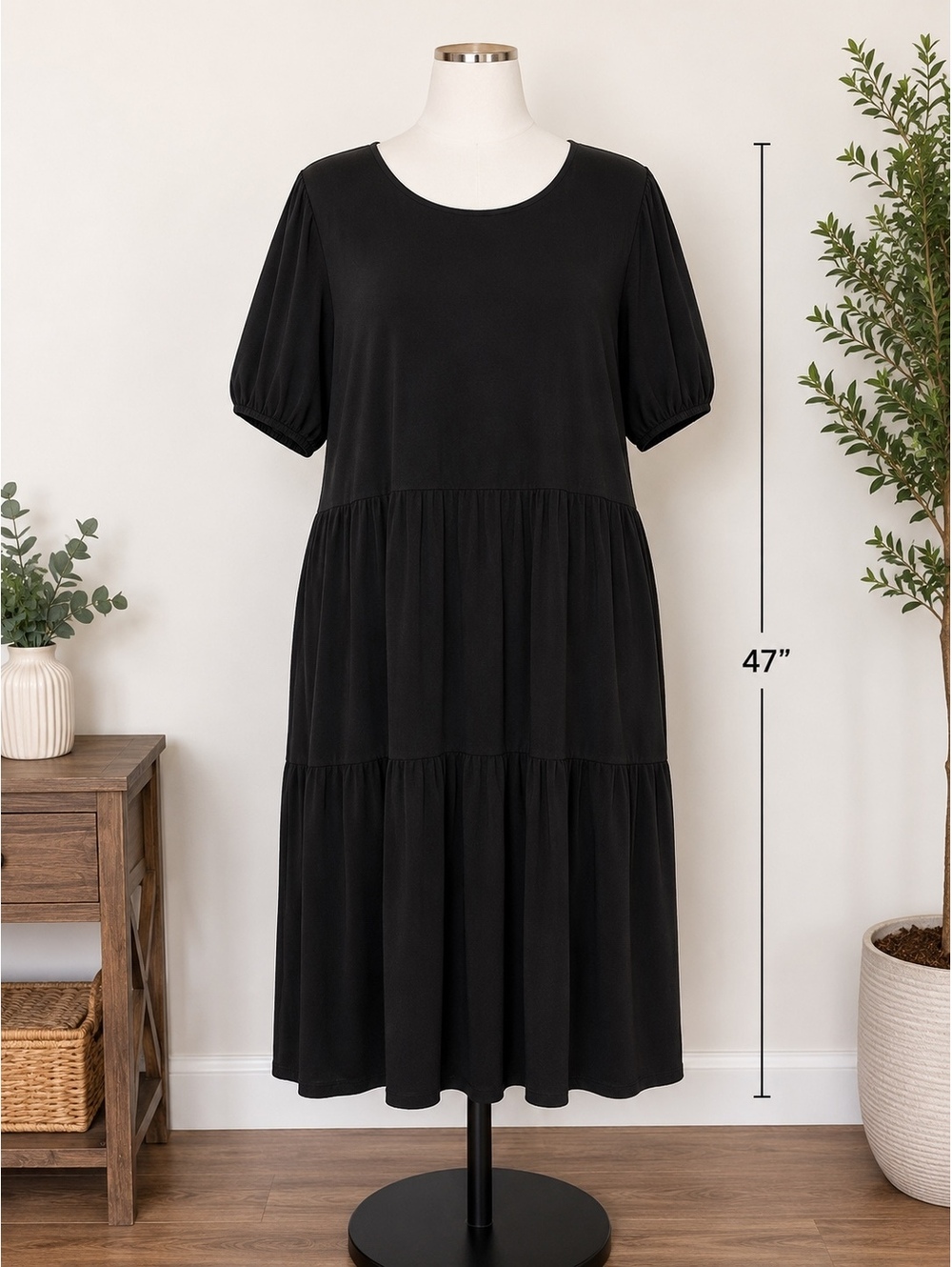 Ava & Viv 4X Black Tiered Midi Dress Plus Size Puff Sleeve Stretch Casual